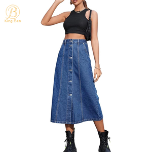 OEM ODM taille moyenne femmes personnalisé décontracté taille haute bouton élégant longue Midi Denim Jeans jupe pour femmes Jeans usine