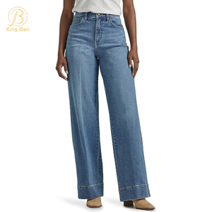 OEM ODM élégant lâche femme Baggy bleu lavé Denim bouton droit tenue décontracté Jeans à vendre femmes pantalon