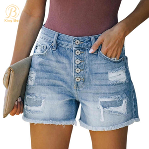 OEM ODM été poche gland trou déchiré jeans vintage décontracté confort denim bouton pantalon shorts pour femme jeans