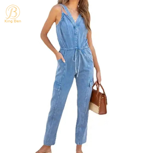 Combinaisons en Jean bleu pour femmes, OEM ODM, avec poches, taille élastique en Denim, sans manches, lavé, vêtements décontractés pour femmes 
