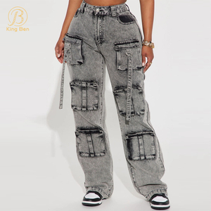 OEM ODM Logo personnalisé nouveau jean à la mode pour femmes gris Cargo Baggy pantalon Denim décontracté en vrac avec poche Cargo jean pour les femmes