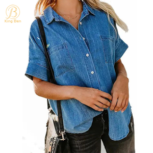 OEM ODM usine personnalisée bleu femmes boutonné chemise en jean col décontracté à manches longues poche dames Blouses