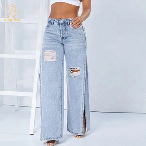 OEM ODM Hot Sale Fashion Ladies Wide Leg Denim Pantalon Jeans Fente Latérale Jeans Usine
