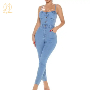 Bienvenue OEM ODM nouvelle conception femmes combinaisons sans manches dames bleu Denim Jeans combinaison usine