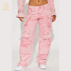 OEM ODM fabricant poche taille basse Streetwear Baggy Denim dames Long large pantalon Cargo pour femmes Jeans