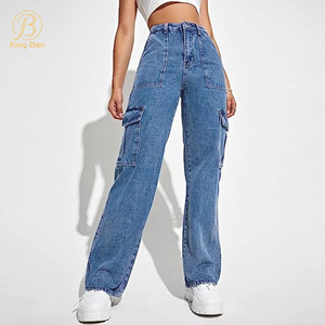 Jeans Baggie droits faits sur commande de taille moyenne d'ODM d'OEM de femmes jeans pantalons de denim de mode jeans baggy de denim pour des dames